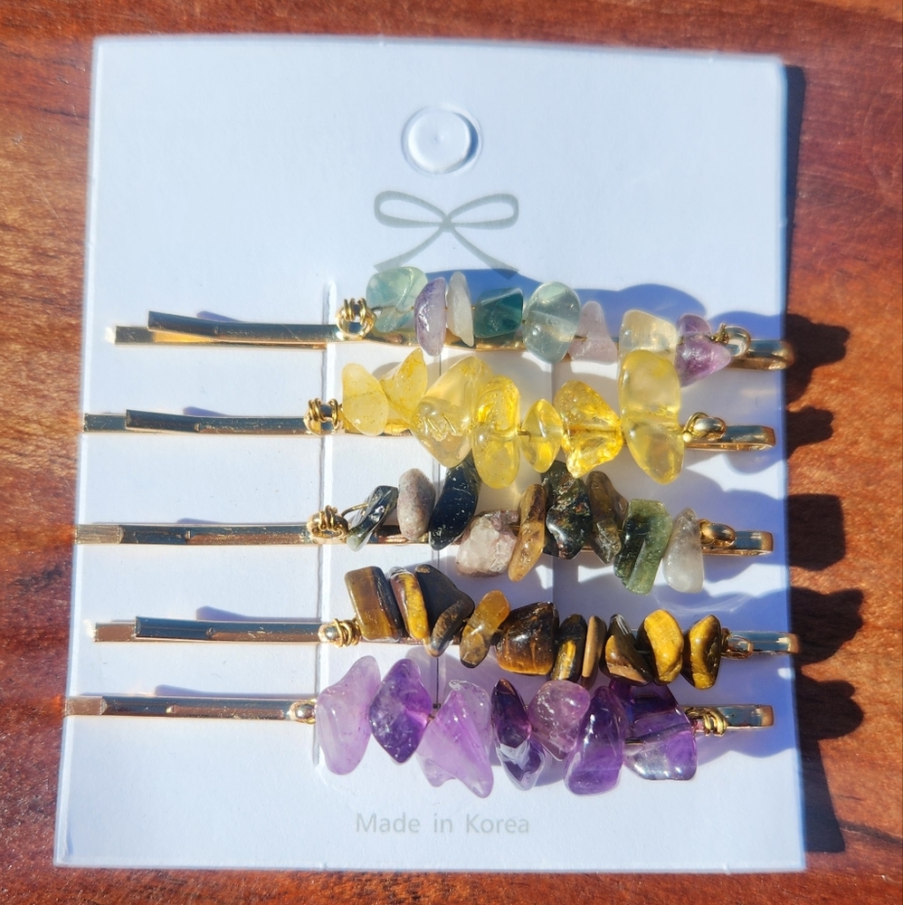 Gold Tone Hair Pin Set with Gemstone Chips: Amethyst, Jasper, & Tiger's Eye